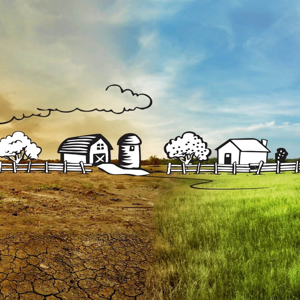 Vergleichsgrafik: Dürre vs. grüne Landschaft (Klimaanpassung).